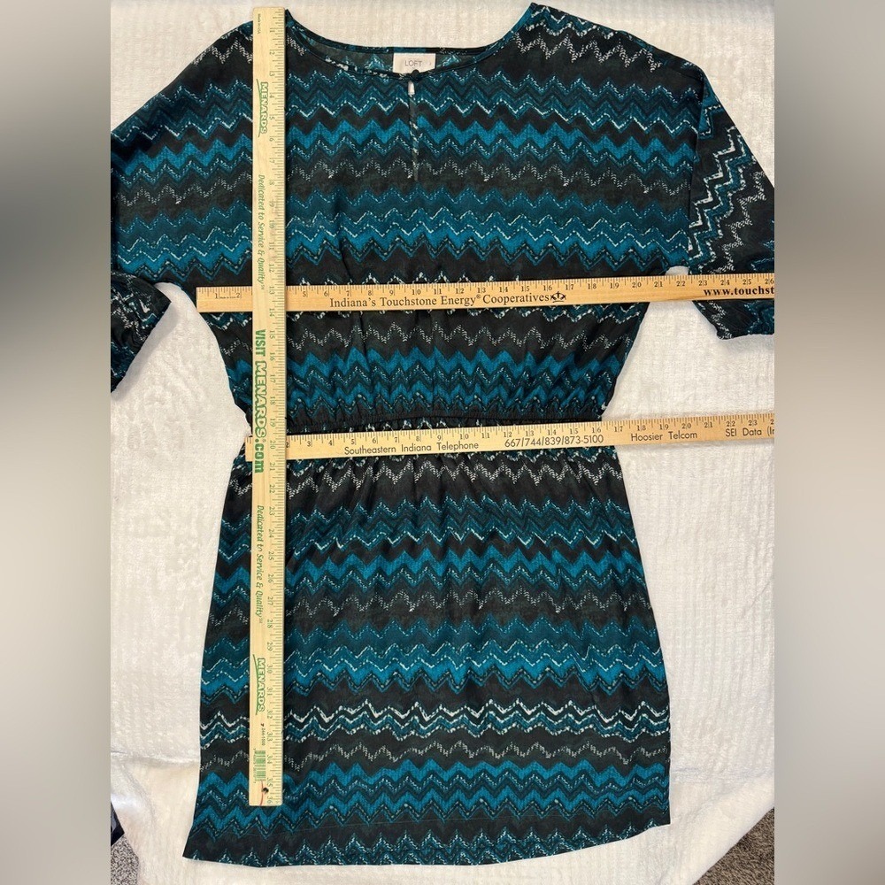 Ann Taylor Loft Keyhole Chevron Striped Teal Black White Blouson Dress Large - Picture 4 of 5
